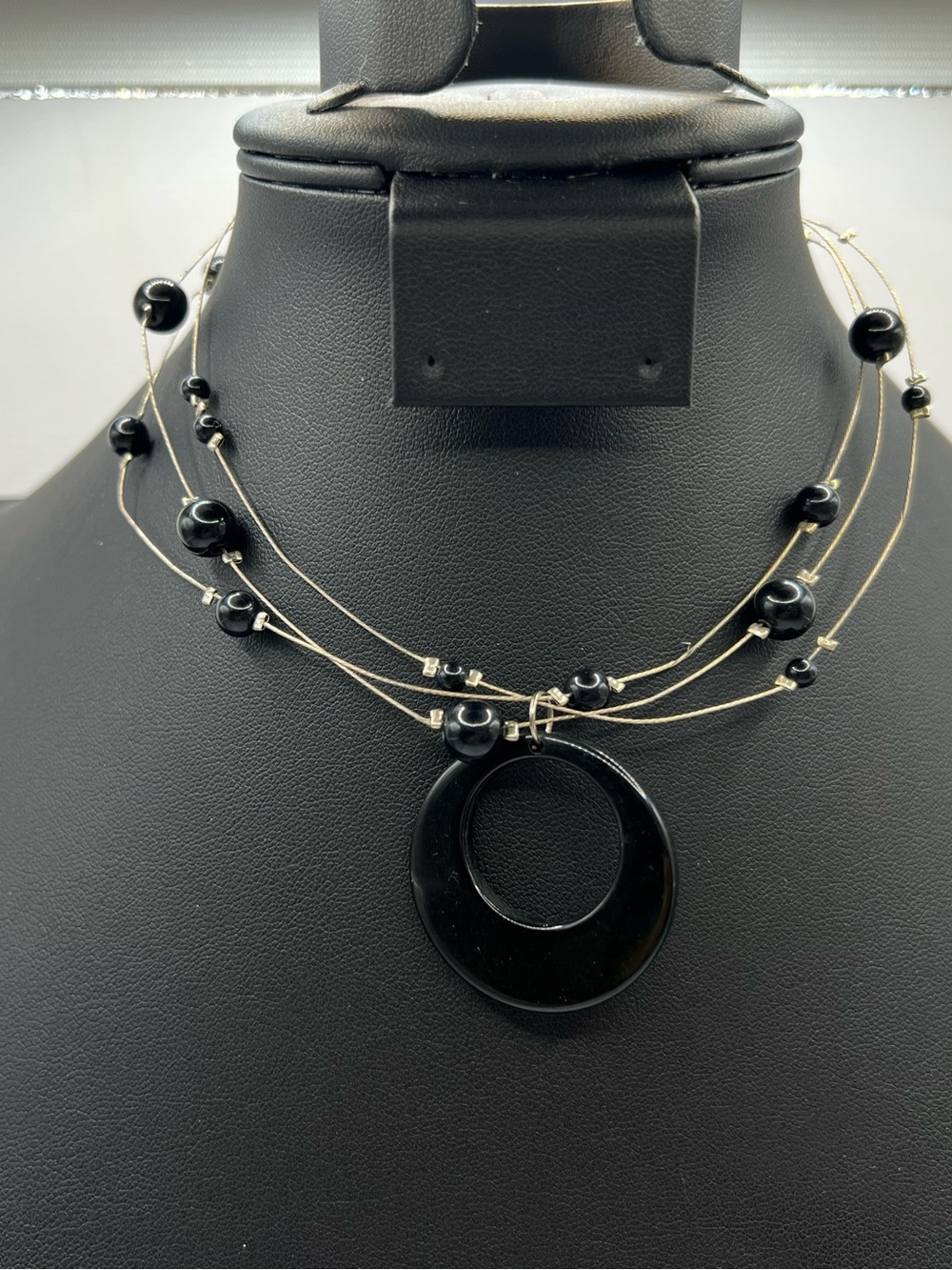 Black Illusion Floating Bead 3-Strand Pendant Necklace